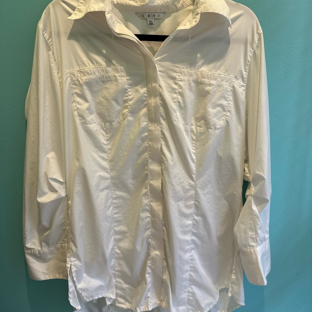 CAbi White 3/4 Sleeve Boxy Button Down Blouse with Dress Shirt Collar